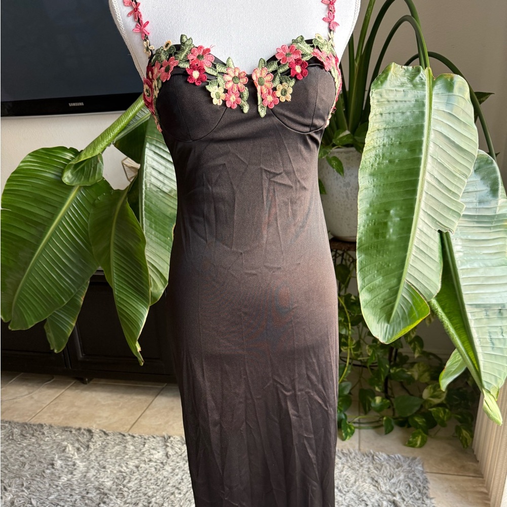 Black Satin Maxi Dress with Pink Floral Details